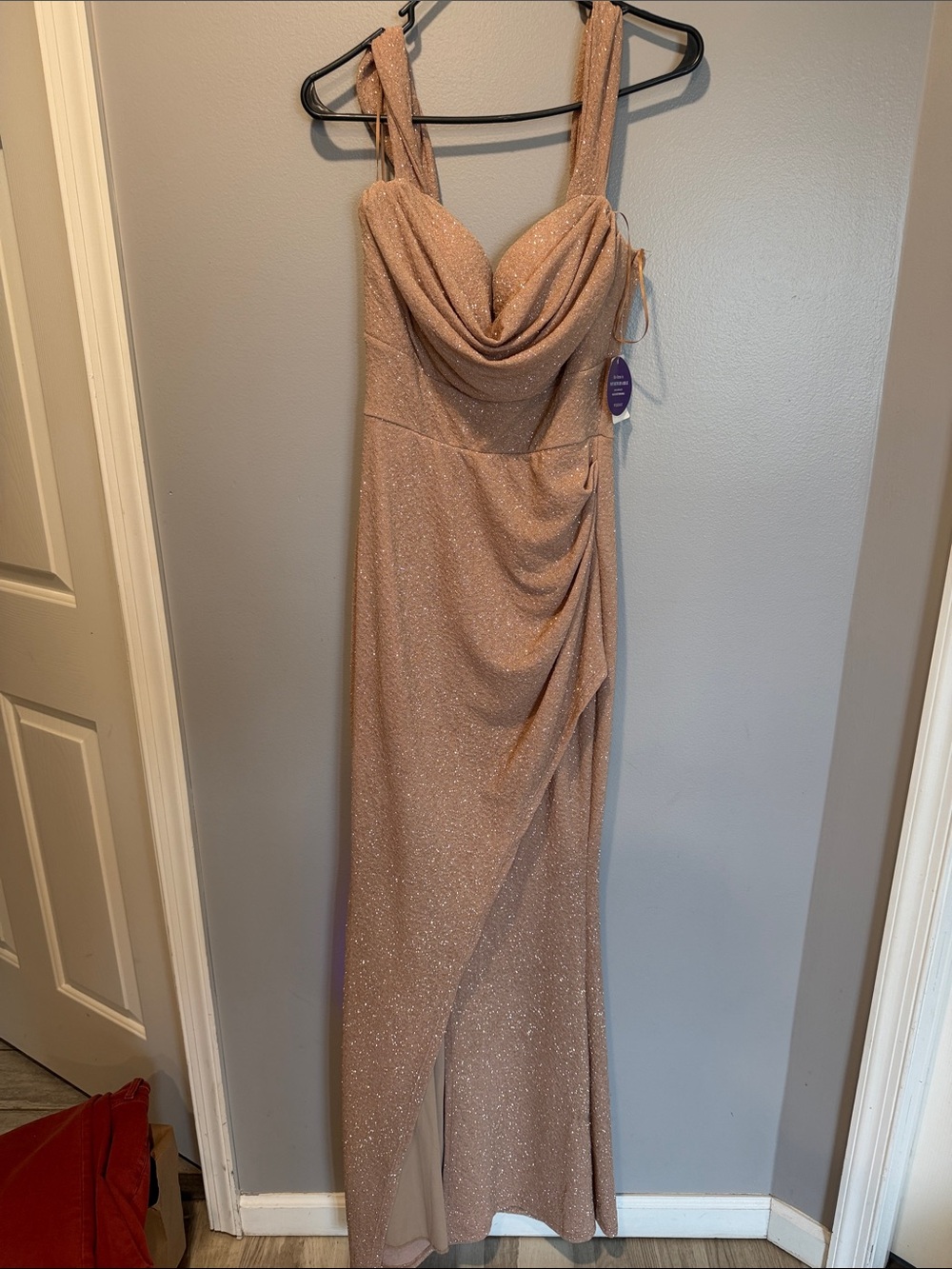Windsor Sparkle Draped Cowl Neck Gown - Rose Gold